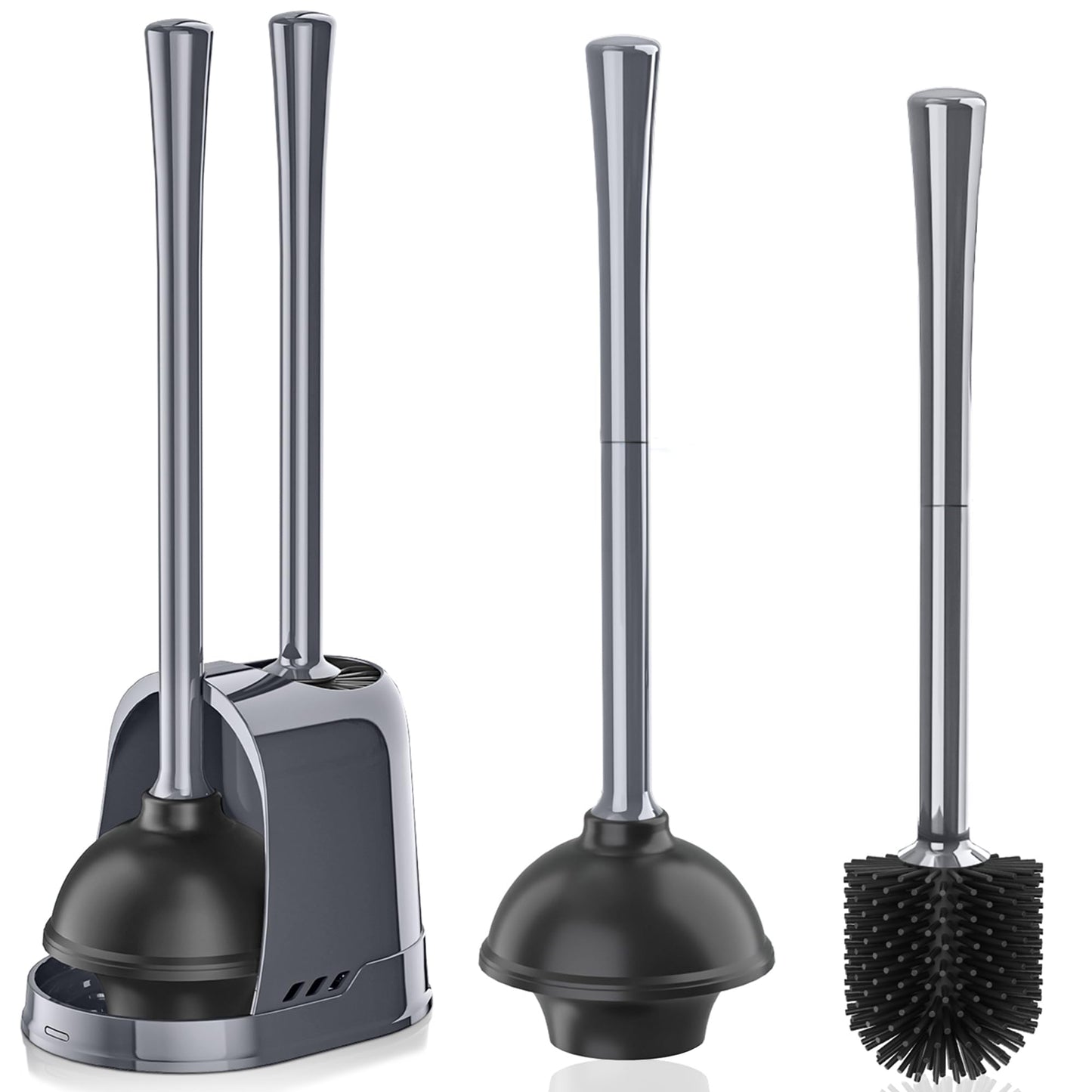 Toilet Plunger and Brush Silicone Bowl Brush and Heavy Duty Toilet Plunger Set with Ventilated Holder 2-in-1 Toilet Brush and Plunger Combo for Bathroom Cleaning (Gray 1 Set)
