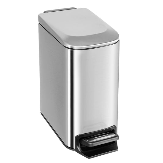 TrashAid Small Bathroom Trash Can with Lid Soft Close 6 Liter / 1.6 Gallon Stainless Steel Garbage Can Narrow with Removable Inner Bucket Step Pedal (Silver)