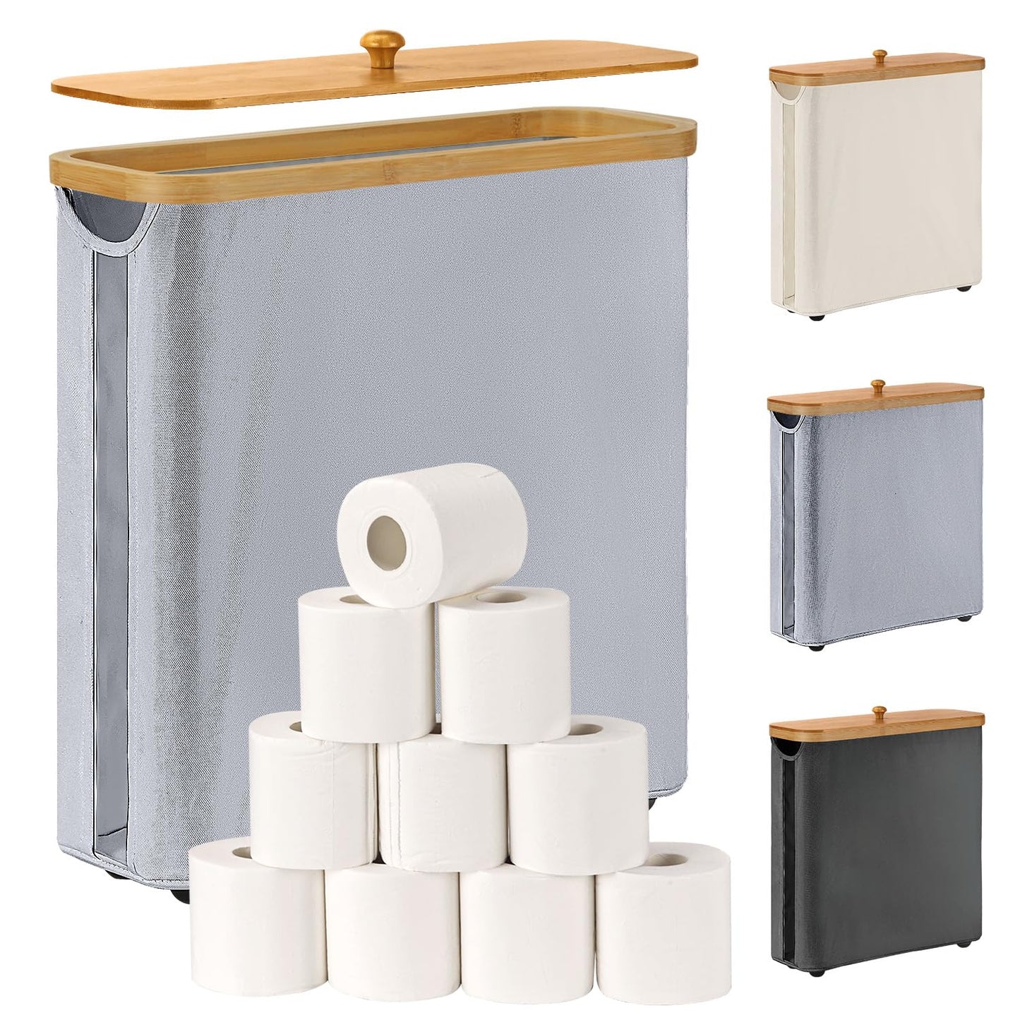 LAYVIC Toilet Paper Storage Basket Toilet Paper Holder with Bamboo Lid Large Toilet Paper Storage for Up to 9 Mega Rolls or 12 Regular Rolls Toilet Paper Organizer for Bathroom (Grey)