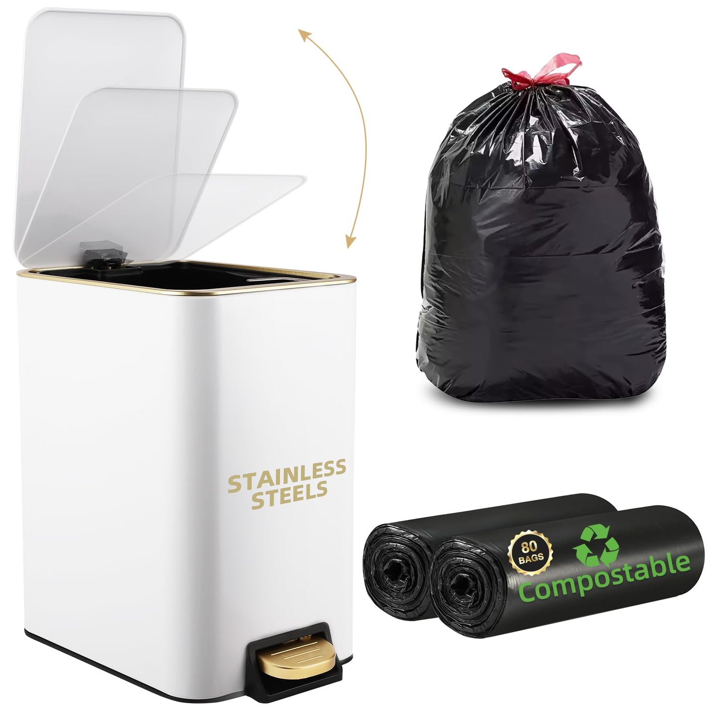 XLHOMO Small Bathroom Trash Can with Lid Soft Close 10 Liter / 2.6 Gallon Stainless Steel Garbage Can with Removable Inner Bucket80Count Compostable Trash Bags Slim Step Pedal Trash Bins