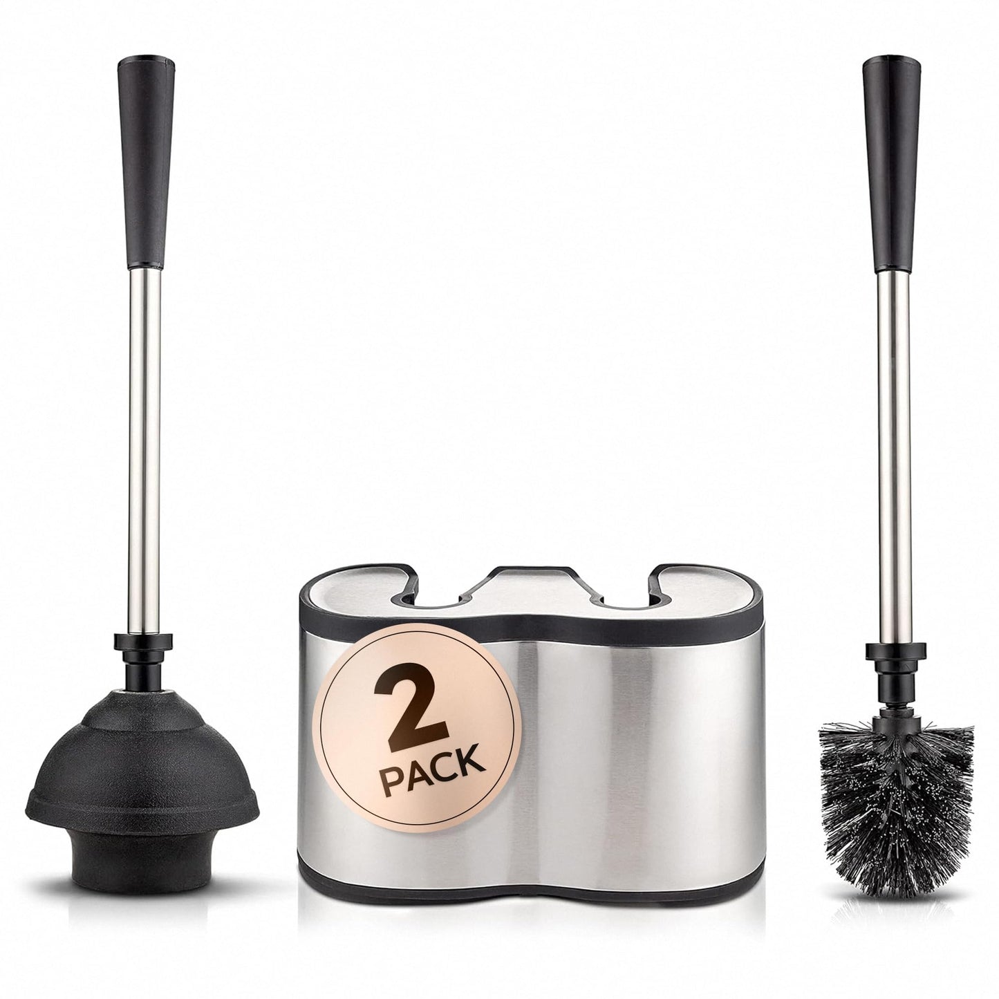 2 Pack UMIEN Toilet Brush and Plunger Set - Stainless Steel Plunger and Toilet Brush Combo with Freestanding Canister - Modern and Sleek Bathroom Cleaning Accessories