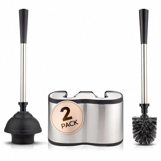 2 Pack UMIEN Toilet Brush and Plunger Set - Stainless Steel Plunger and Toilet Brush Combo with Freestanding Canister - Modern and Sleek Bathroom Cleaning Accessories