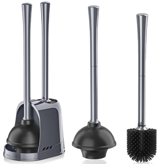Toilet Plunger and Brush Silicone Bowl Brush and Heavy Duty Toilet Plunger Set with Ventilated Holder 2-in-1 Toilet Brush and Plunger Combo for Bathroom Cleaning (Gray 1 Set)