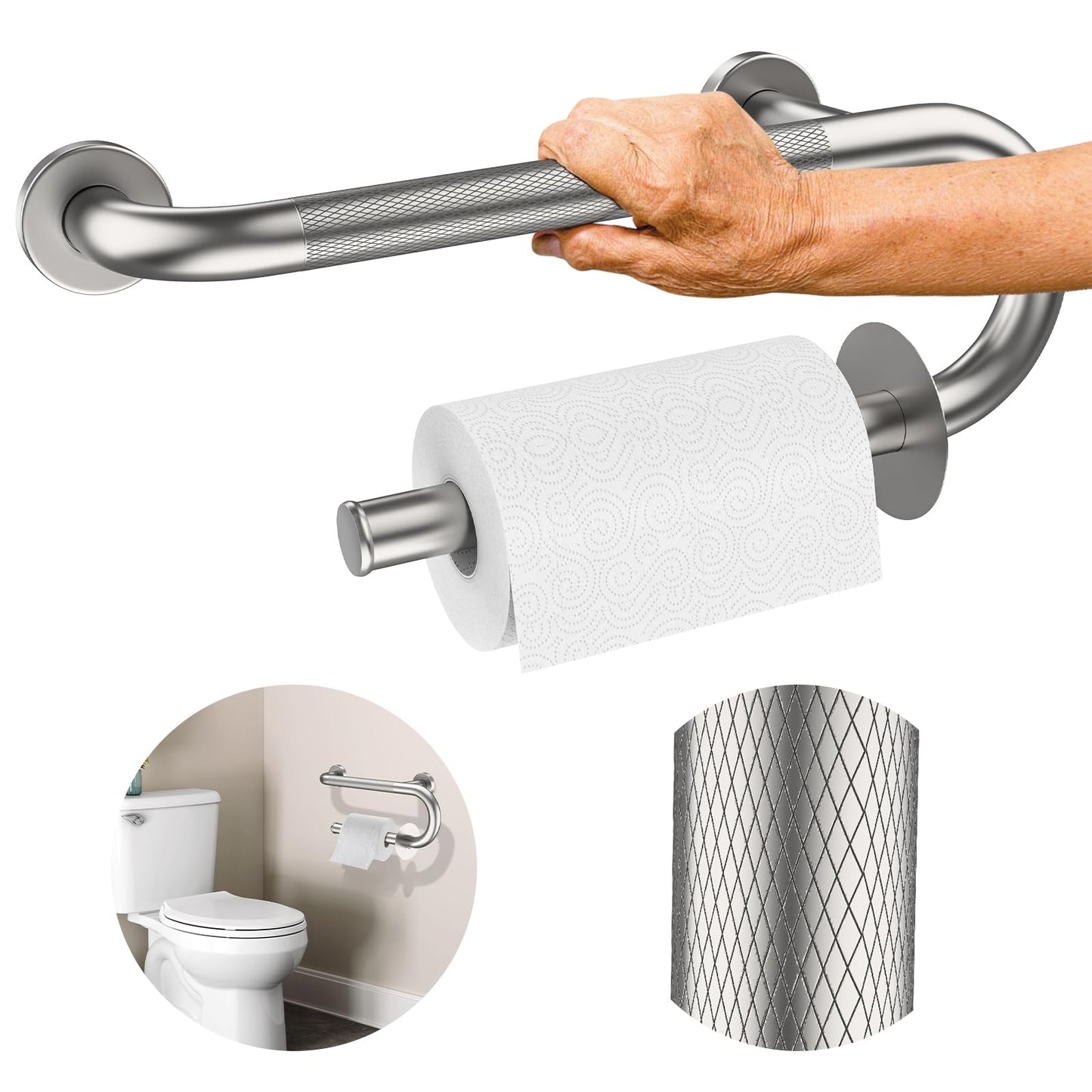 𝐔𝐩𝐠𝐫𝐚𝐝𝐞𝐝 Toilet Grab Bars 16 Inch - Toilet Paper Holder Grab Bar Stainless Steel Knurled Toilet Grab Bars for Seniors Bathtub Bathroom Rails for Elderly Safety Balance Support Brushed Nickel