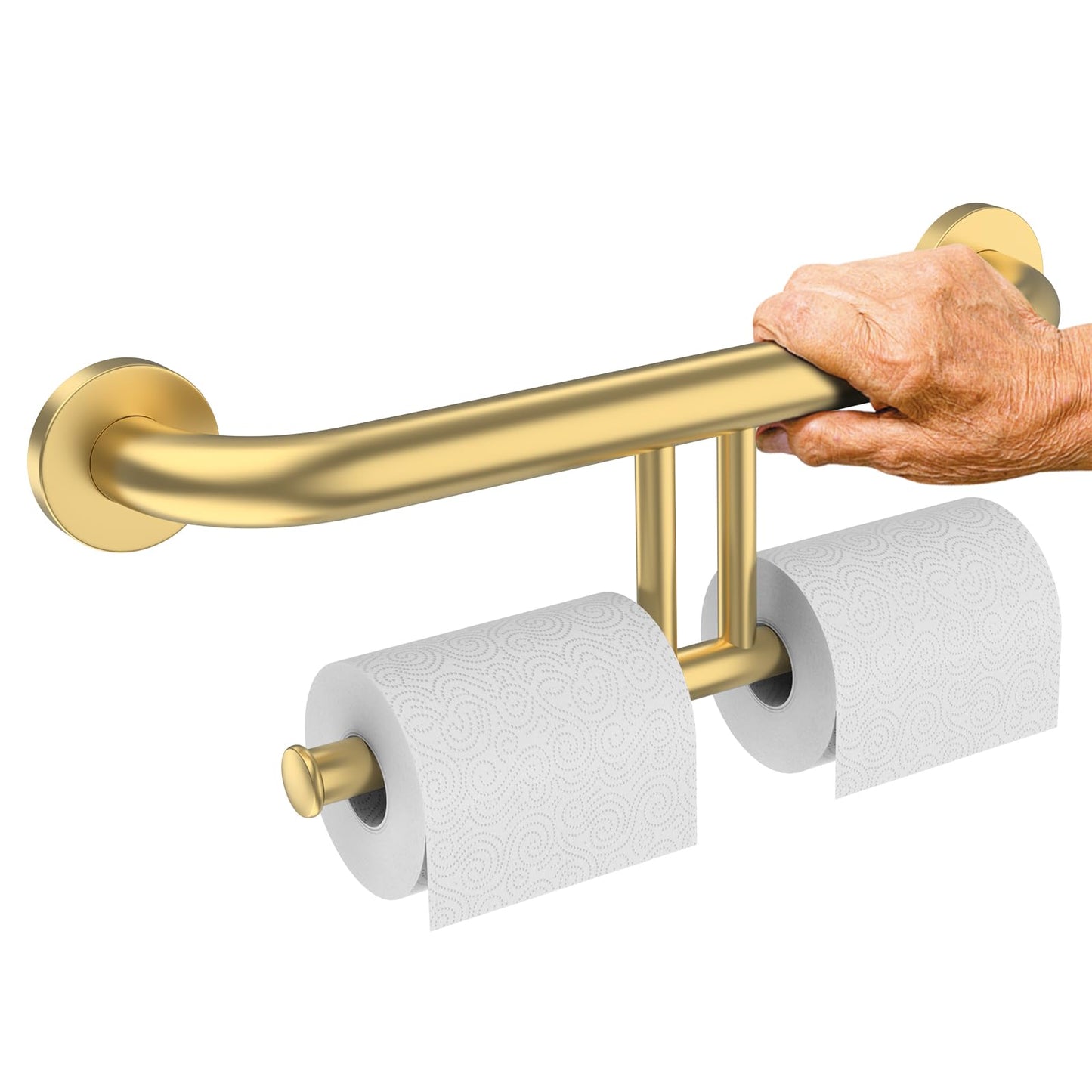 17 Inch Grab Bar w/Double Toilet Paper Roll Holder Gold iHansee Stainless Steel Shower Support Balanced Support Handle Wall Mounted Safety Handrail Grab Rail for Elderly Senior Handicap Disabled