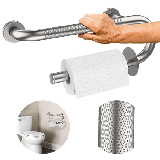 𝐔𝐩𝐠𝐫𝐚𝐝𝐞𝐝 Toilet Grab Bars 16 Inch - Toilet Paper Holder Grab Bar Stainless Steel Knurled Toilet Grab Bars for Seniors Bathtub Bathroom Rails for Elderly Safety Balance Support Brushed Nickel
